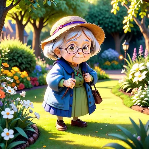 picking flowers,in the garden,gardening,grandma,girl picking flowers,granny,agnes,girl in the garden,studio ghibli,marie leaf,nanny,gardener,holding flowers,garden gnome,springtime background,in the field,in the autumn,garden work,picking vegetables in early spring,farmer,Anime,Anime,Cartoon