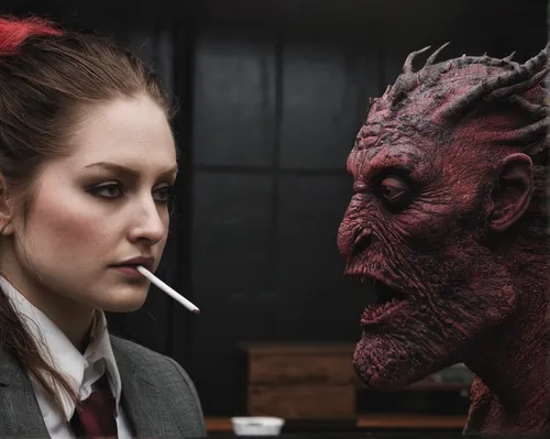 During the job interview, Abby's nervousness grew and she blushed, turning red.,two face,smoking girl,hellboy,smoking man,cigarette girl,girl smoke cigarette,red throat,red smoke,applying make-up,vict