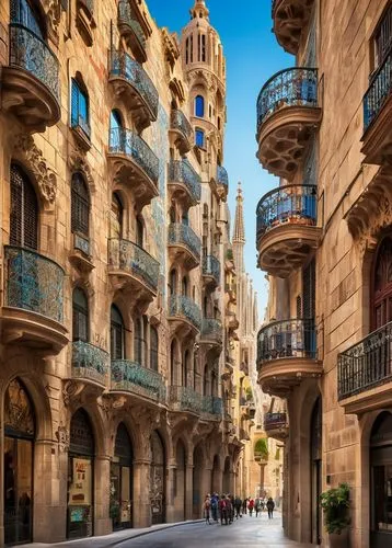 Barcelona, Spain, Gothic Quarter, ancient buildings, narrow streets, ornate facades, balconies with ironwork, ceramic tiles, mosaic patterns, Sagrada Familia, Antoni Gaudí, intricate stone carvings, g