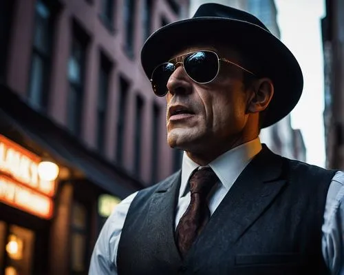 Investigator, detective, mysterious, vest, leather, formal wear, sharp teeth, scaly skin, powerful jaws, sunglasses, fedora hat, city street, noir lighting, low-angle shot, cinematic composition.,nuck