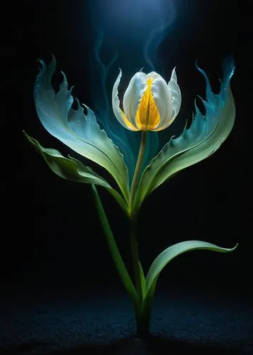 In the depths of the infinite universe, a mystical tulip emerges, adorned with a translucent, metallic spiegel tarafından çekilen yeşil yaprak pvcwetgrün porcelan relief 3drealistisch oil wachs acryl 