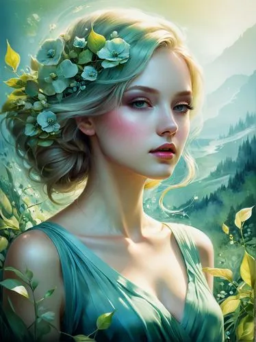 dryads,faery,faerie,fantasy portrait,dryad,eilonwy,fantasy art,fairie,elven flower,ellinor,jessamine,fantasy picture,seelie,fae,spring leaf background,galadriel,girl in flowers,fairy queen,flora,diwata,Illustration,Realistic Fantasy,Realistic Fantasy 15