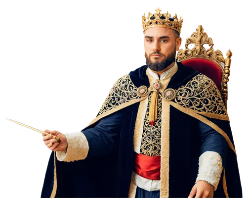 Golden crown, luxurious throne, royal attire, intricate embroidery, velvet cape, king's scepter, ornate jewelry, majestic posture, proud facial expression, detailed beard, regal background, soft golde