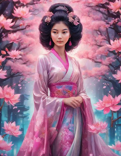 hanbok,geisha,japanese sakura background,geisha girl,oriental princess,mulan,jasmine blossom,plum blossoms,chinese art,sakura blossom,the cherry blossoms,oriental painting,sacred lotus,asian woman,japanese woman,oriental girl,plum blossom,japanese art,cherry blossom japanese,world digital painting