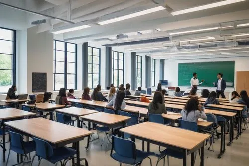 Modern university campus, introductory architecture classroom, morning sunlight, wooden desks, steel chairs, large windows, whiteboards, architectural models, blueprints, design software screens, Appl