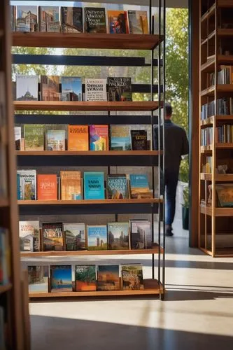 Modern architectural magazine stand, indoor setting, morning light, wooden shelves, metal racks, various architecture books and magazines, Architectural Digest front cover, bold font, colorful graphic