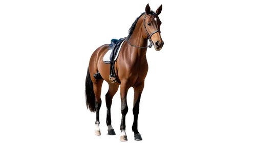 Brown horse, standing, ears perked up, black mane, shiny coat, detailed eyes, nostrils flared, mouth open, playing mp3 music, white headphones, leather saddle, bridle, reins, hooves on ground, morning