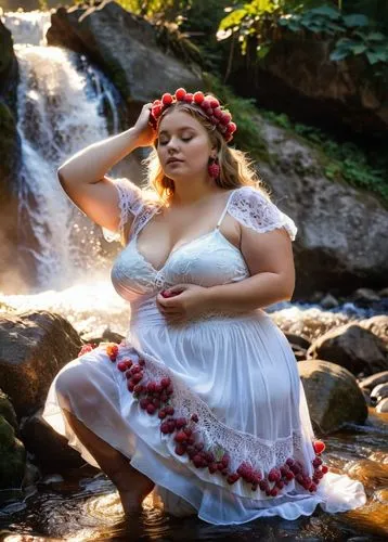 In a tranquil waterfall, a young busty curvy obese Russian woman in a flowing skirt and a wet very tight white lace camisole with short sleeves, and a fitted headdress stands tall, holding a savannah 