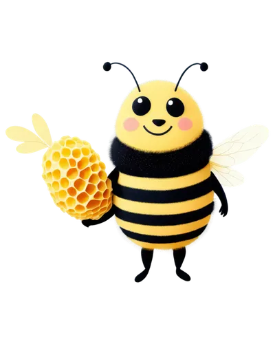 Cute fat bee, yellow and black stripes, big round eyes, smiling face, little wings, furry body, standing on hind legs, holding tiny honeycomb, warm sunlight, soft focus, pastel color tone, 3/4 composi