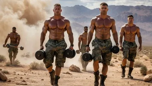 several soldiers shirtless, with extreme powerful muscles, almost naked just wearing slips, they are working in a desert GYM on base in the desert, with barbells, dumbels their oily, tanned bodies shi