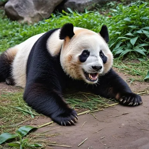 1. **Lazy Panda**: A panda lies on the ground with its limbs spread out, eyes half closed, and yawning lazily.
,giant panda,beibei,large panda bear,pandari,baoan,pandi,pandua,panda,lun,pandera,pandang