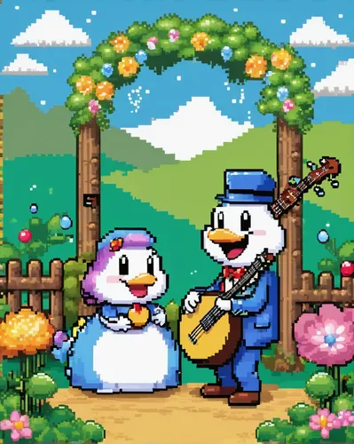 serenade,pixel art,musicians,sock and buskin,wedding couple,banjo player,guitar player,folk music,cavaquinho,banjo uke,symphony orchestra,wedding band,musician,buskin,musical ensemble,springtime background,duet,orchestra,bird couple,bride and groom,Unique,Pixel,Pixel 02