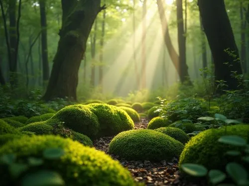 Moss green, calming atmosphere, natural scenery, forest floor, lush foliage, vines crawling up trees, misty morning, soft sunlight filtering through leaves, gentle breeze rustling leaves, serene compo