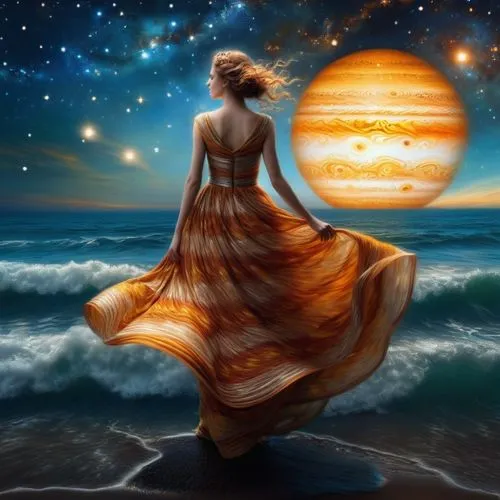 a dazzling extravagant Jupiter-inspired evening gown with swirling yellowish, orange, and brown patterns, and white bands, shimmering like the surface of (Jupiter) itself. Background: starlit sea with