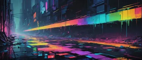 neon arrows,cyberpunk,colorful city,neons,neon ghosts,cybercity,cyberworld,cyberscene,neon,neon light,neon lights,digitalism,fallen colorful,80's design,cityscape,colored lights,synthetic,synth,bladerunner,cybertown,Illustration,Vector,Vector 07