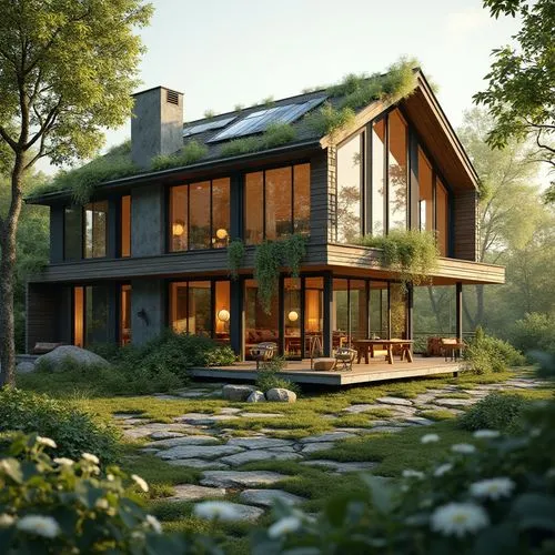 forest house,3d rendering,house in the forest,danish house,summer cottage,modern house,grass roof,render,wooden house,timber house,house in the mountains,the cabin in the mountains,house in mountains,beautiful home,home landscape,mid century house,greenhut,cubic house,green living,electrohome,Photography,General,Realistic