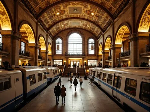 Grand metro station, Romanesque archways, ornate stone carvings, vaulted ceilings, intricate mosaics, warm golden lighting, bustling urban atmosphere, busy commuters, modern transportation systems, sl