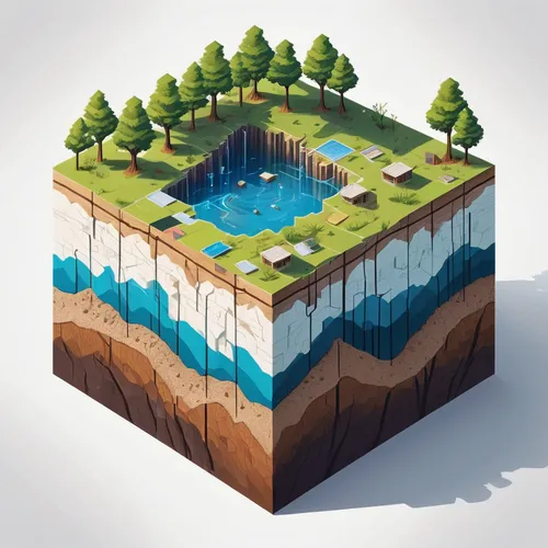 Isometric, Isometric view, Parallel, Environmental degradation, air depletion, water depletion, soil depletion, analytical drawing, square. cube, terracing, lands, white background, dead wood, dead gr