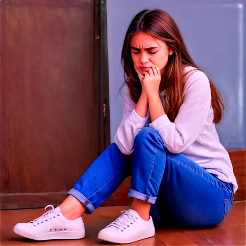 Young girl, toothache, sitting, holding cheek, painful expression, tears in eyes, messy brown hair, casual wear, white shirt, blue jeans, sneakers, indoor setting, soft lighting, close-up shot, shallo