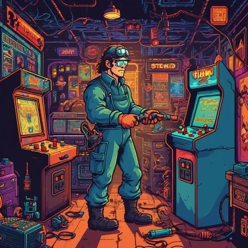 Pixel Art， game Scene,cyberpunk,technician,mechanic,repairman,industries,cyberpatrol,cyberpunks,technirama,technological,cyberworld,retro technology,engineer,computer games,cyber,cyberscene,mute,contr