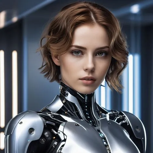 retracto de hermosa mujer 20 años8k Un cyborg con cabello castaño ondulado y ojos color avellana que brillan con una luz interior. obra maestra Su piel es pálida y tersa, y tiene un cuerpo atlético co