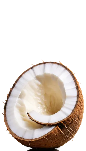 Coconut, half-cut, transparent shell, white coconut meat, brown edges, detailed texture, rounded shape, solo, still life, warm lighting, high contrast, shallow depth of field, 3/4 composition, soft fo