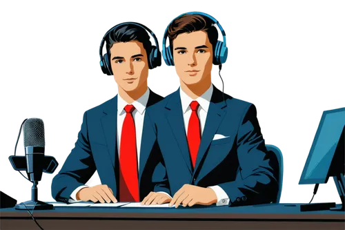 News anchor, young adult, male, suit, tie, microphone, headphones, desk, chair, confident expression, serious tone, background screens, copyright-free music notes, vinyl record, speakers, sound waves,