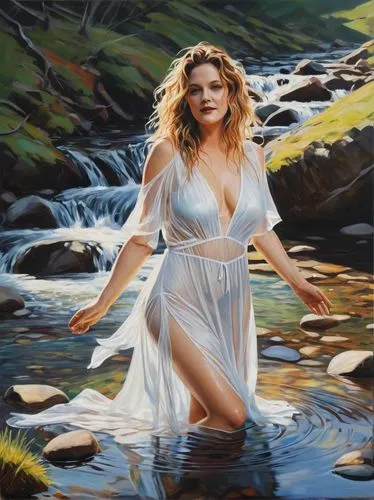 the blonde in the river,girl on the river,water nymph,donsky,oil painting,struzan,Conceptual Art,Oil color,Oil Color 08