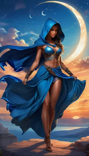 youthful Greek girl with dark tan and big muscles, wearing azure flowy skirt, under a crescent sunset moon, dressed like a hooded assassin, stalking slowly, carrying a curved dagger in each hand,a  gi