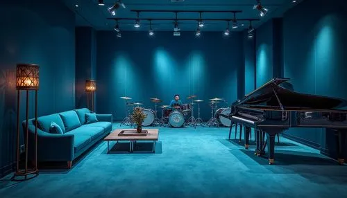 blue room,playing room,great room,aqua studio,music studio,modern room,piano bar,loft,playroom,recording studio,home studios,one room,sleeping room,basement,music store,grand piano,studios,blue lamp,livingroom,sala,Photography,General,Realistic