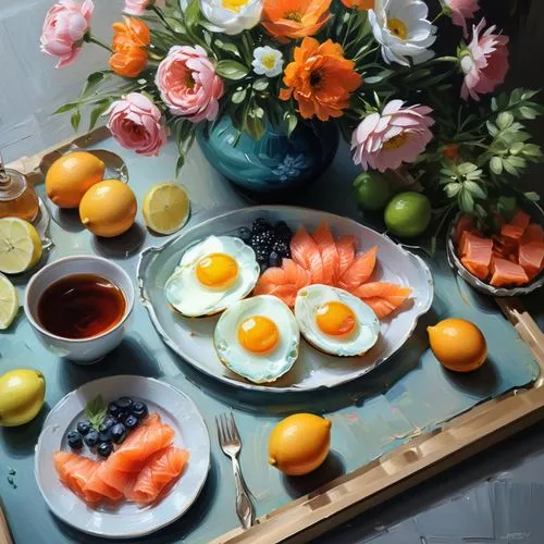 Blooming flowers in a textured oil painting, thick brush strokes, colorful, detailed, art masterpiece, thick textures in a vase on a breakfast tray, a lovely breakfast of fruit, one egg, smoked salmon