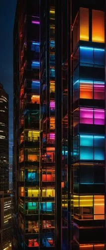 Modern architectural lighting installation, abstract geometric shapes, suspended from high ceilings, LED strips, neon lights, colorful glowing tubes, futuristic ambiance, urban skyscraper, cityscape, 