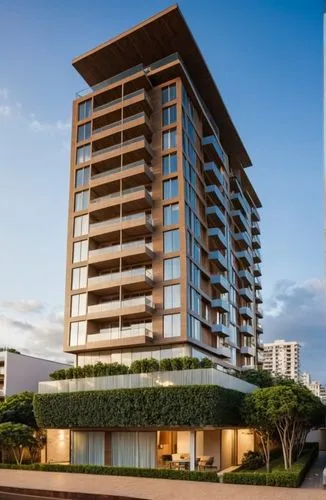 EDIFICIO DE DEPARTAMENTOS ESTILO MINIMALISTA, QUE RESALTE LA MADERA Y LOS VACIOS,ILUMINACION ARQUITECTONICA SUAVE, DESTACANDO LAS SOMBRAS DE LOS VOLADIZOS, PAVIMENTO DE PIEDRA EN LA ENTRADA, BALCONES 