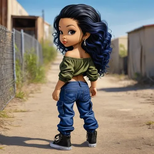 urban hip hop full length body image view of a photo realistic airbrush oil painting of a light honey skin tone Latina-American chibi with long textured spiral Indigo blue/black hair, wearing a plain 