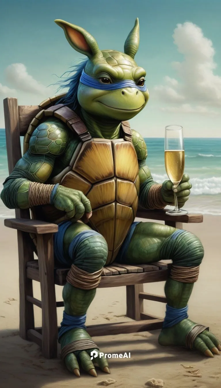 a fucking Ninja turtle, hybrid with a weird fucking Donkey, leisurely sitting in a worn-out fucking  wooden chair, sipping a glass of fucking champagne, looking at the fucking distance, melancholy exp