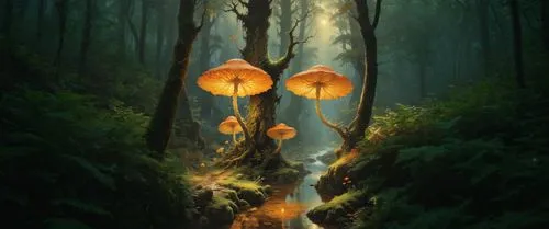 fairy lanterns,mushroom landscape,lanterns,forest mushrooms,forest mushroom,fantasy picture