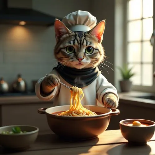 In a modern kitchen, a humanoid anthromorphobic cat in modern kitchen ate a cup of steaming steaming noodles in slow motion, its piercing green eyes fixed on the viewer. With a chef's hat and a black 