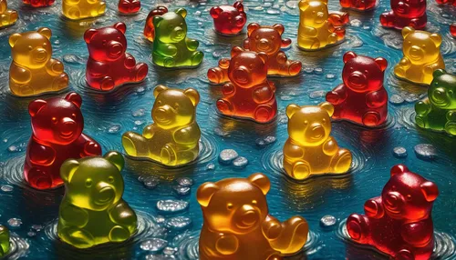 Describe a serene and peaceful scene of gummy bears floating on a sparkling river made of melted candy.,gummybears,gummy bears,water balloons,colorful water,bottle surface,glass marbles,colorful glass