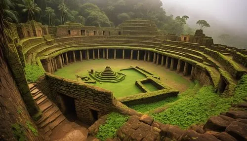 Ancient, mysterious, Kiva structure, stone walls, intricate carvings, ornate doorways, stepped pyramids, ceremonial chambers, atmospheric lighting, misty fog, jungle surroundings, vines crawling up wa