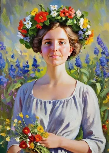 Young girl. On the head is a wreath with bright wildflowers. Image in the style of Boris Kustodiev. Impasto multi-layer painting technique.,girl in flowers,girl picking flowers,girl in the garden,girl