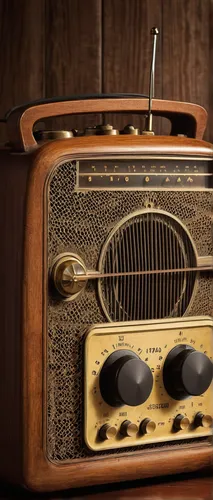 vintage radio, National Radio of Spain, broadcasting equipment, antique, wood texture, brass details, dials and knobs, Spanish text on radio, studio microphone, headphones, radio waves, sound engineer