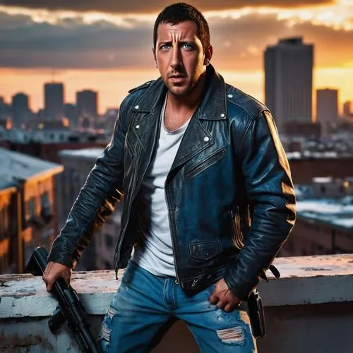 Adam Sandler, action hero, muscular physique, messy brown hair, bright blue eyes, rugged facial features, worn leather jacket, white tank top, ripped jeans, black boots, holding a gun, intense express