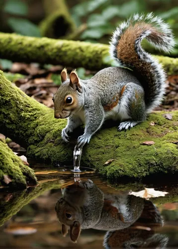 a squirrel drinking water in the forest,eurasian squirrel,grey squirrel,eurasian red squirrel,relaxed squirrel,red squirrel,gray squirrel,tree squirrel,sciurus carolinensis,indian palm squirrel,easter