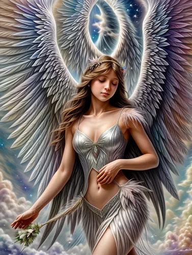 Angles feather wings, mermaid tail, Rainbow soft clouds sky view cosmic space, light brown pretty girl enchantress lost cosmic fairy light ,angel wings,angel wing,faerie,winged heart,faery,vintage ang