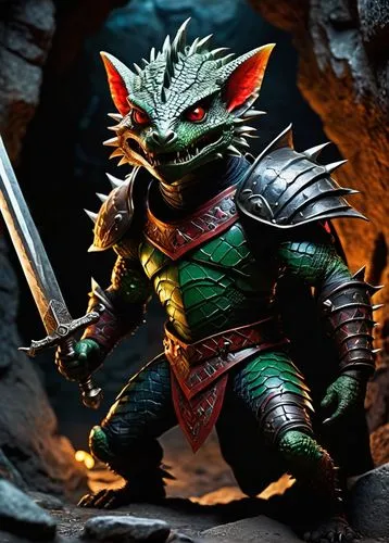 Kobold, reptilian humanoid, green scaly skin, sharp teeth, pointed ears, red eyes, black hair, spiky hairstyle, leather armor, bronze sword, shield with tribal pattern, muscular arms, strong legs, sta