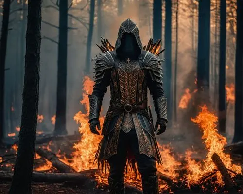 only a forest in flames 
,a man wearing a hooded costume in front of flames,sauron,firebrand,helgen,warden,kvalheim,svarog,Photography,General,Fantasy