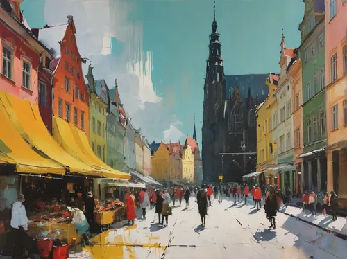 street scene,kefermarkt,gdańsk,city scape,poznan,riga,large market,malmö,aberdeen,nyhavn,grand place,wroclaw,edinburgh,christmas market,tallinn,the cobbled streets,delft,copenhagen,townscape,market,Conceptual Art,Oil color,Oil Color 01