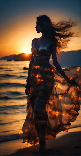 the wind from the sea,celtic woman,little girl in wind,woman silhouette,fire dancer,wind wave,mermaid silhouette,woman walking,sunset glow,girl walking away,girl on the dune,moana,girl in a long dress