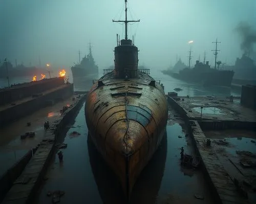 一艘二站時期德國遺留下的潛艦,船頭有魚雷發射口,大部分零件散落,艦身部分鏽跡斑駁,遺棄在廢棄軍港,環境髒亂不堪,碼頭有人群來往,有人在拆卸潛艦,燒焊火光,下著大雨,周圍有其他軍艦,a wooden boat is sitting in the fog,mogami,ironclads,decommissioned,submarino,barotrauma,antisubmarine