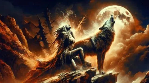 two wolfs with their faces turned towards each other,hellhounds,howling wolf,fire horse,wolfen,samuil,werewolve